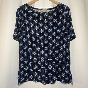 Loft Blouse Womens L Black Blue Medallion Career Casual Short Sleeve Slits EUC